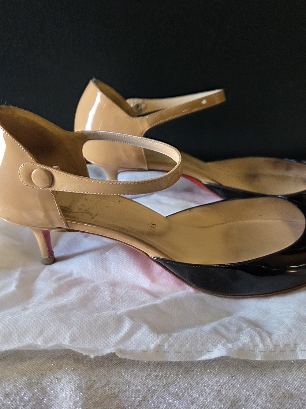 Christian Louboutin Nude and Black Patent Mary Jane Kitten Heel